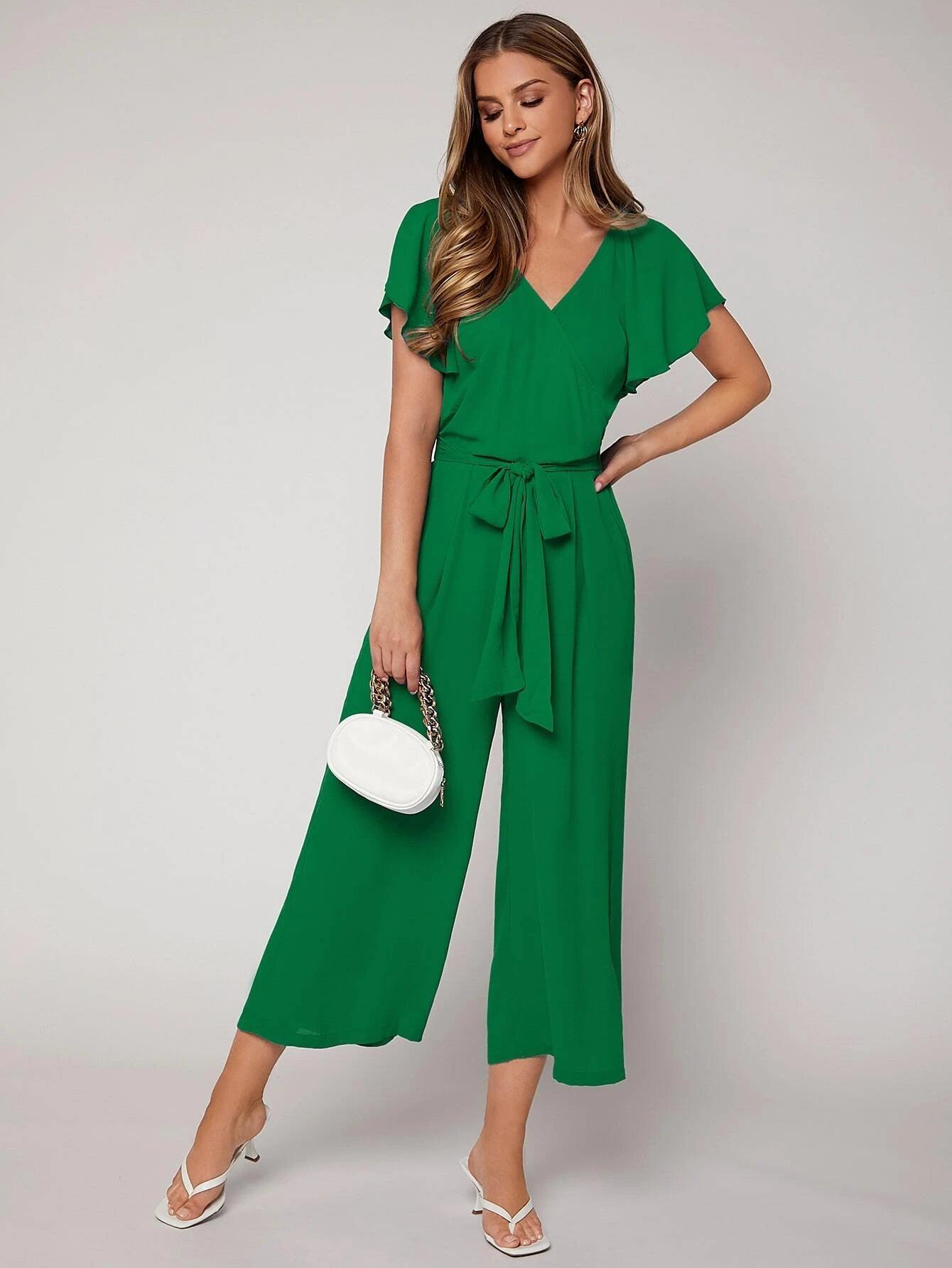 Butterfly Sleeve Belted Jumpsuit-Comfy Jumpsuits