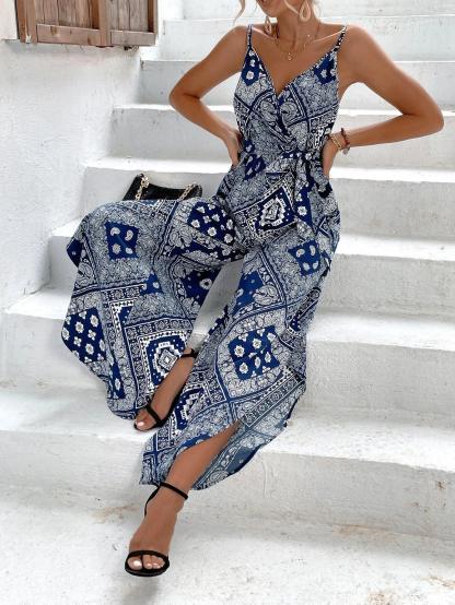 Paisley And Scarf Print Belted Cami Jumpsuit-Comfy Jumpsuits