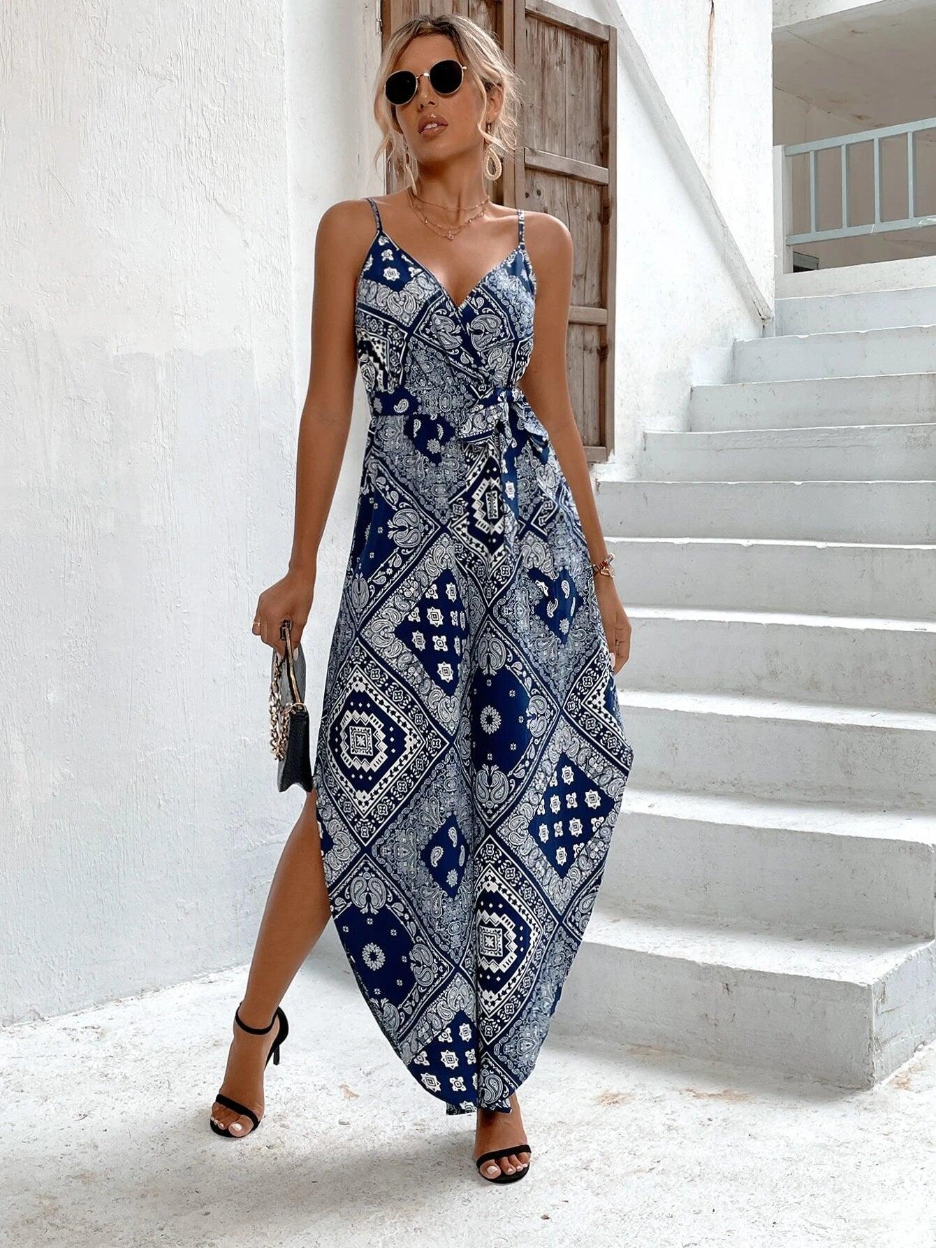 Paisley And Scarf Print Belted Cami Jumpsuit-Comfy Jumpsuits