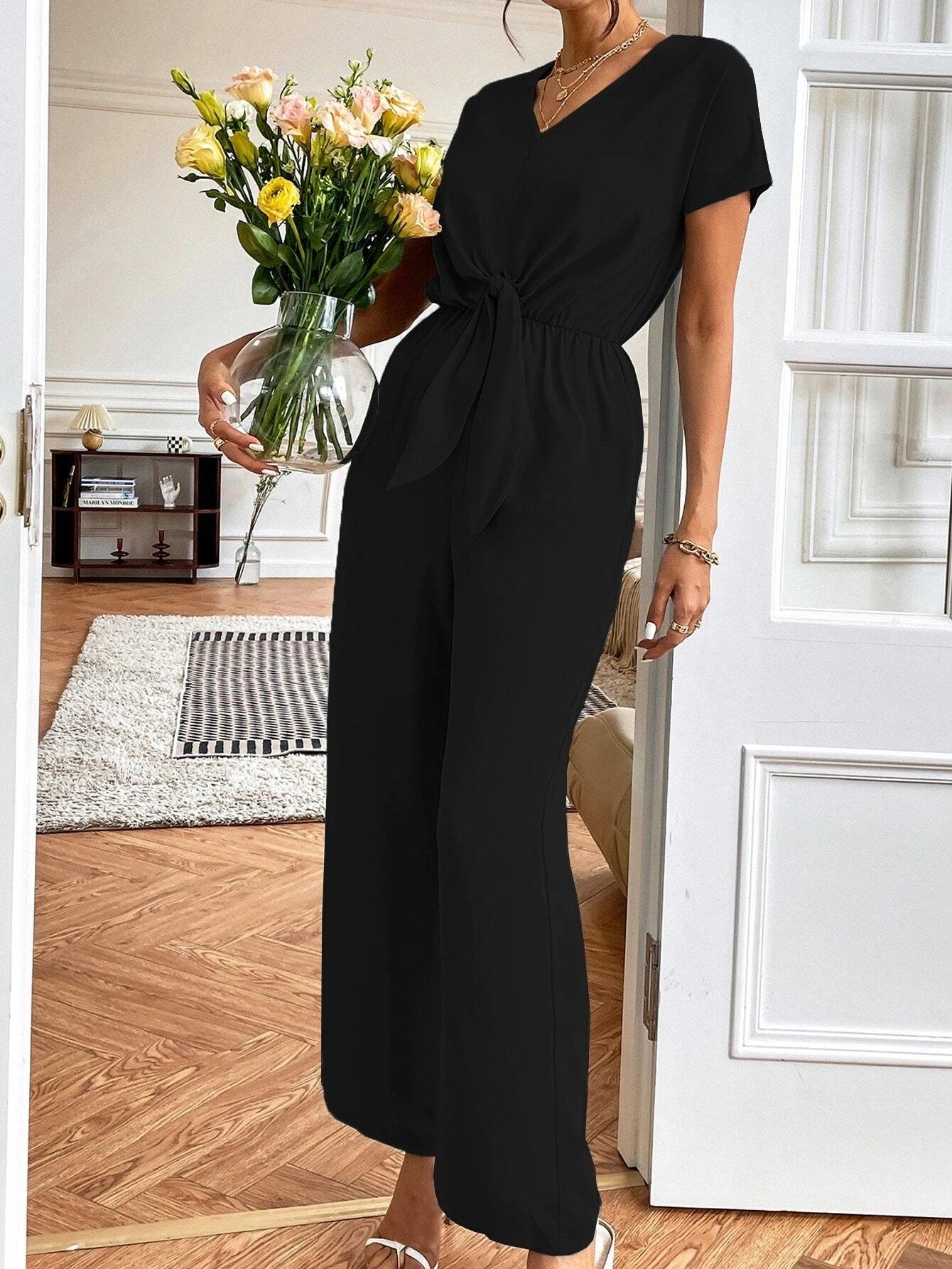 Tie Front Ruched Jumpsuit-Comfy Jumpsuits