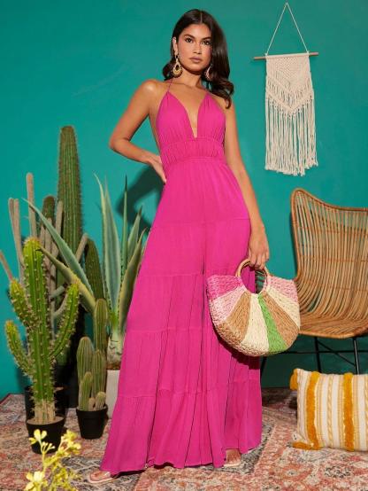 Tassel Tie Backless Ruffle Hem Halter Jumpsuit-Comfy Jumpsuits