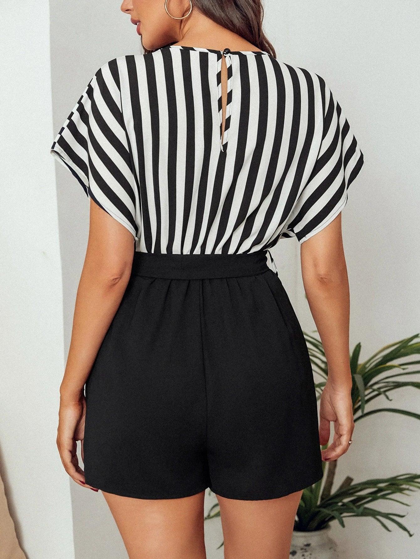 Striped Print Batwing Sleeve Belted Romper-Comfy Jumpsuits