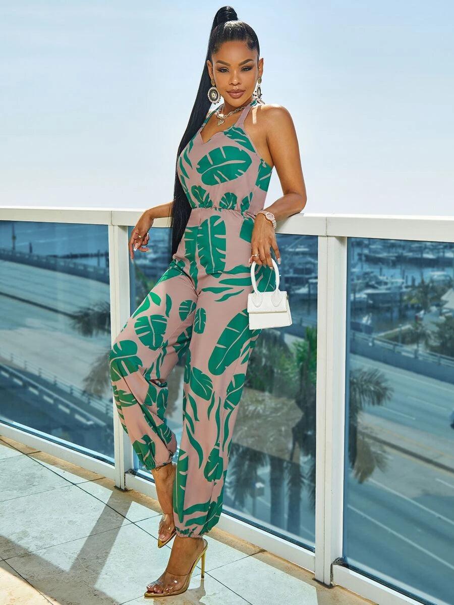 Tropical Print Halter Jumpsuit-Comfy Jumpsuits