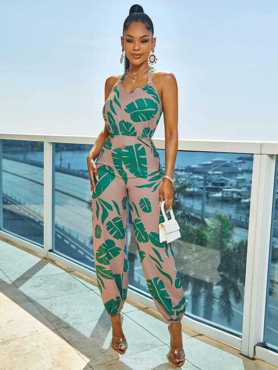 Tropical Print Halter Jumpsuit-Comfy Jumpsuits