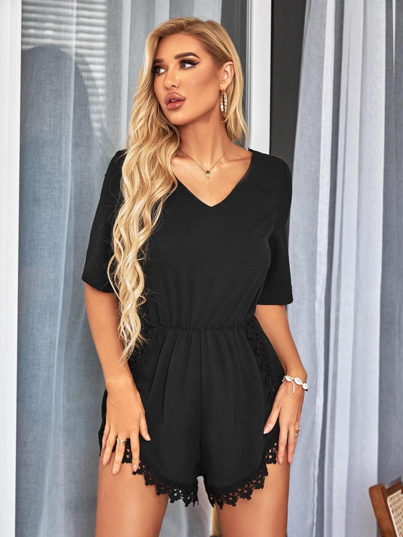 Contrast Lace Tie Back Romper-Comfy Jumpsuits