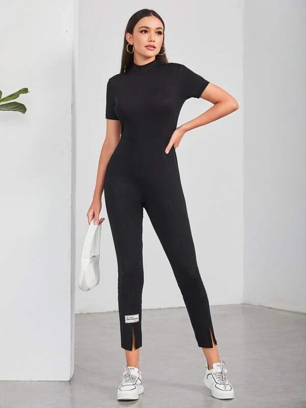 Letter Patched Split Hem Stand Collar Jumpsuit-Comfy Jumpsuits
