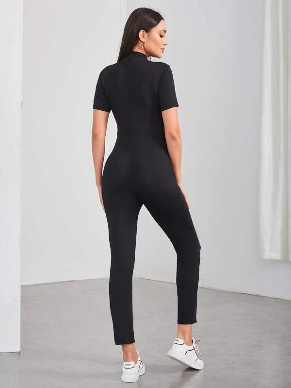 Letter Patched Split Hem Stand Collar Jumpsuit-Comfy Jumpsuits