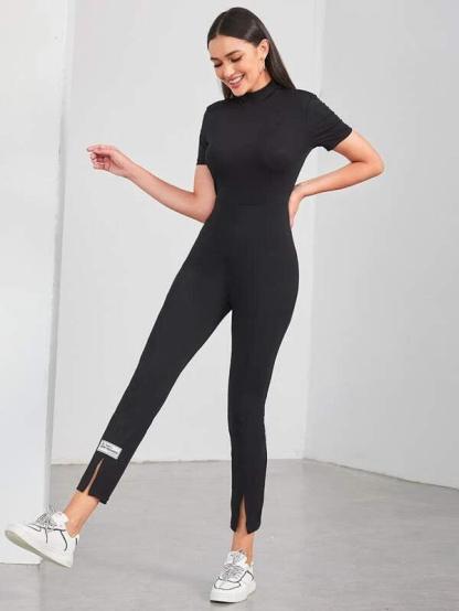 Letter Patched Split Hem Stand Collar Jumpsuit-Comfy Jumpsuits