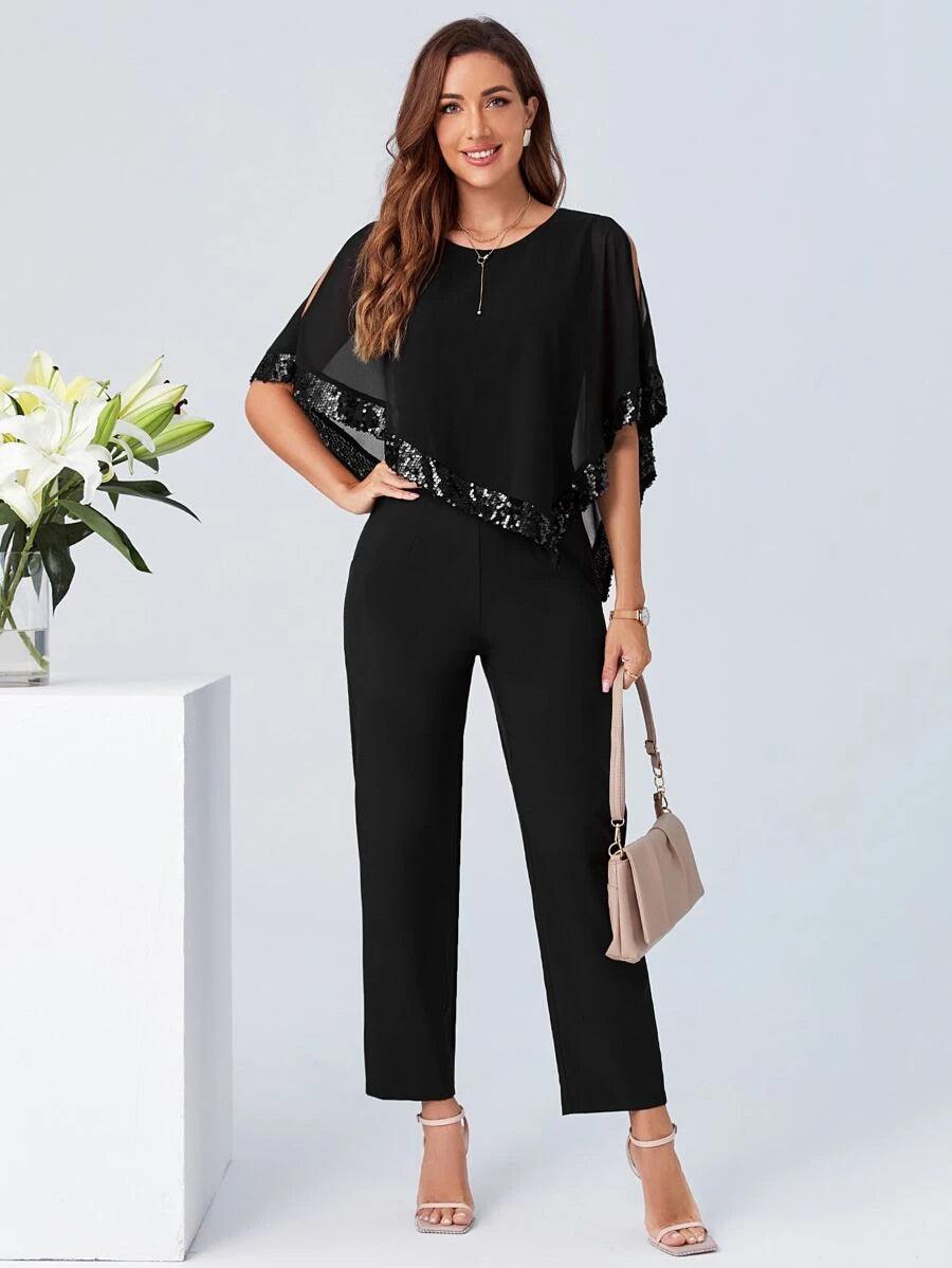 Contrast Sequin Cloak Sleeve Jumpsuit-Comfy Jumpsuits