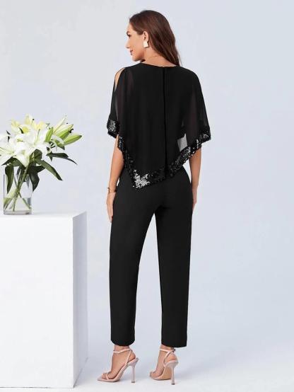 Contrast Sequin Cloak Sleeve Jumpsuit-Comfy Jumpsuits