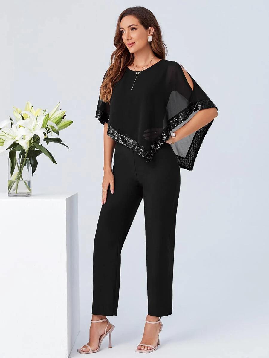 Contrast Sequin Cloak Sleeve Jumpsuit-Comfy Jumpsuits