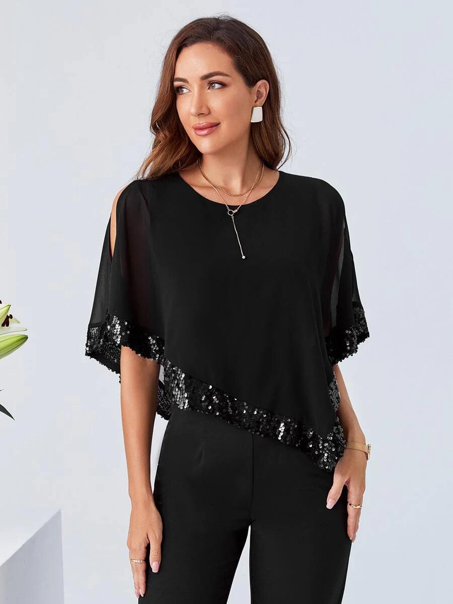 Contrast Sequin Cloak Sleeve Jumpsuit-Comfy Jumpsuits