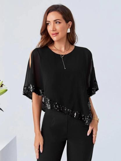 Contrast Sequin Cloak Sleeve Jumpsuit-Comfy Jumpsuits