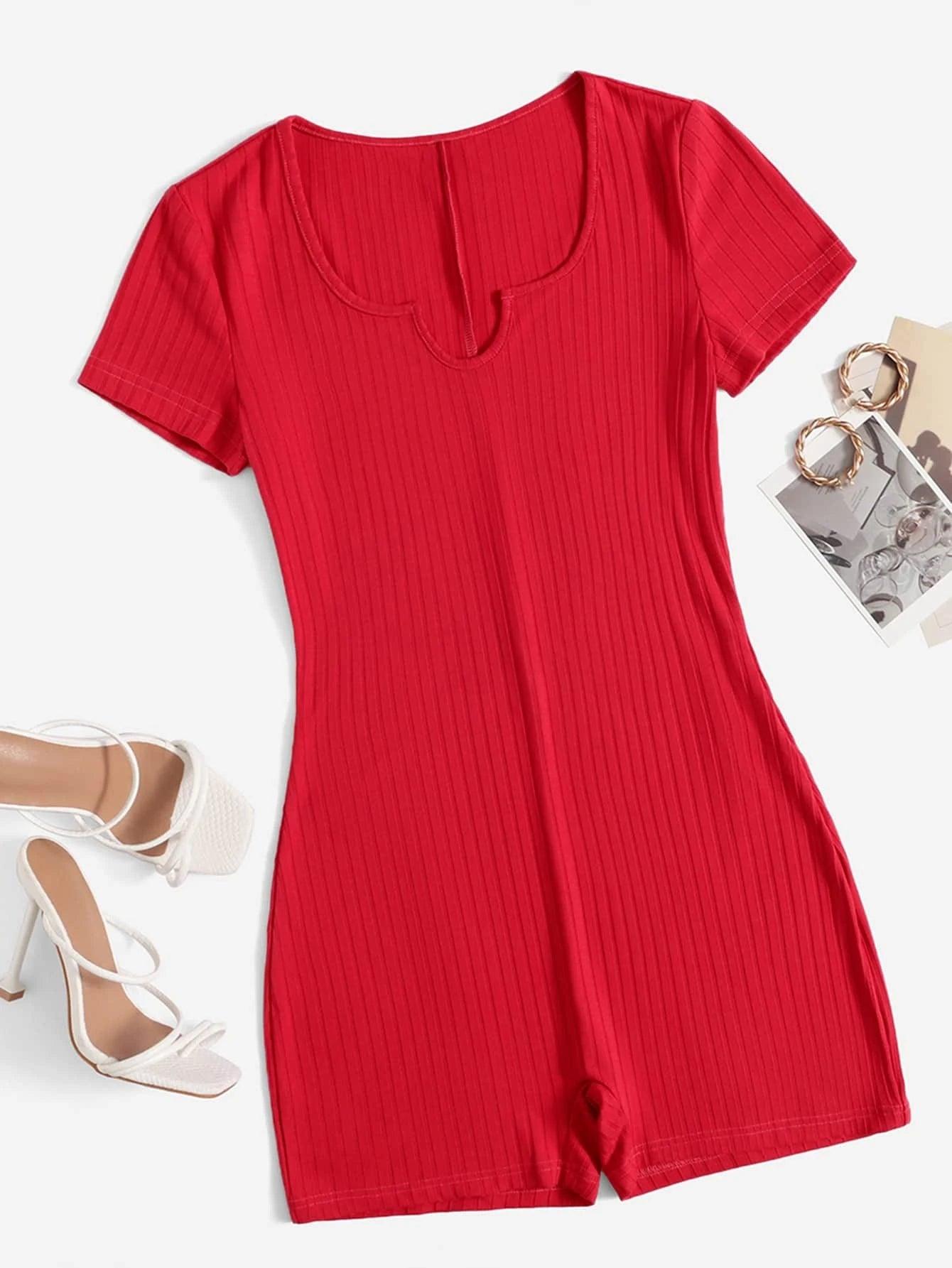 Notched Neck Rib Knit Romper-Comfy Jumpsuits