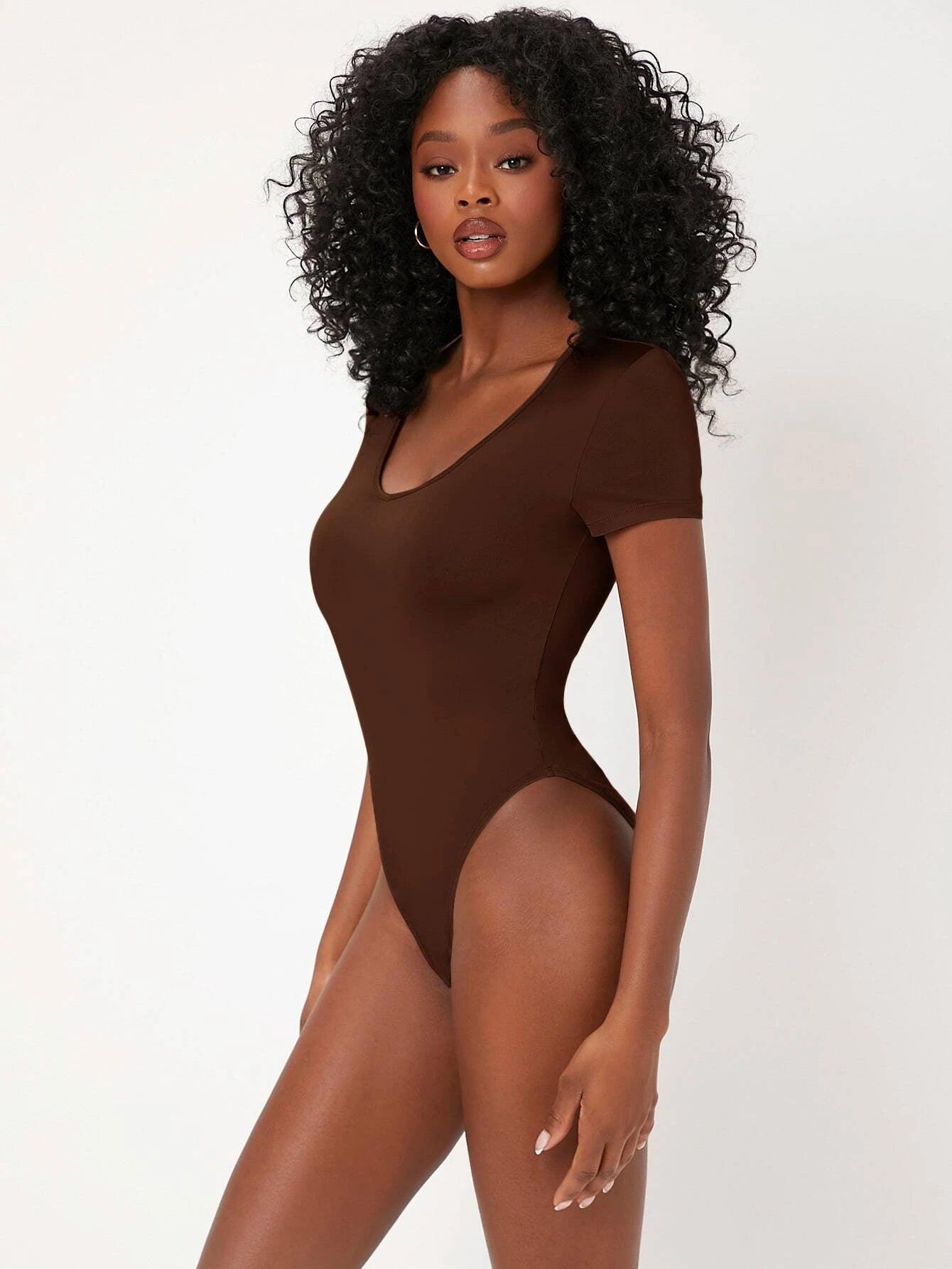 Casual V-Neck Bodysuit-Comfy Jumpsuits