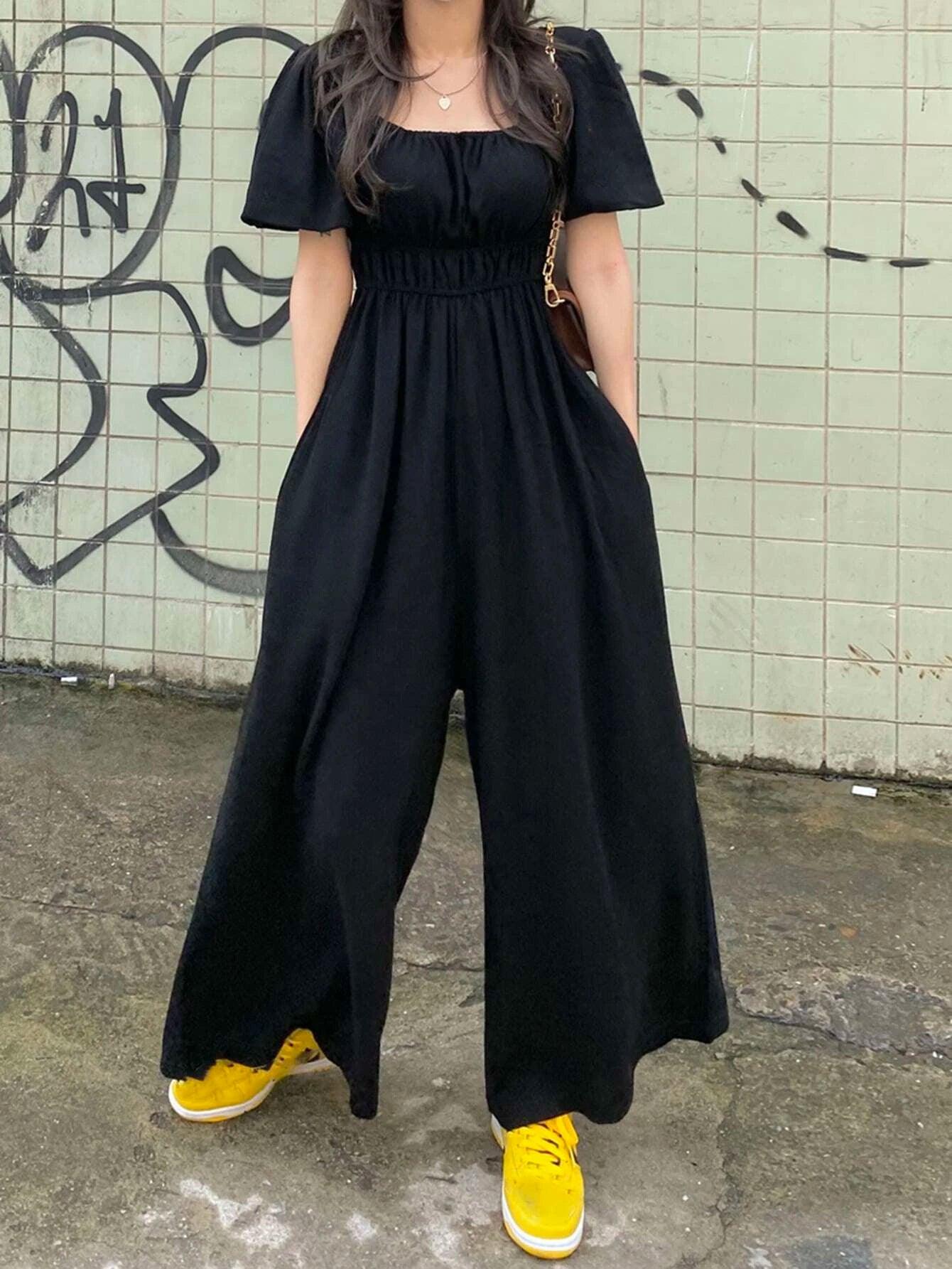Square Neck Wide Leg Jumpsuit-Comfy Jumpsuits