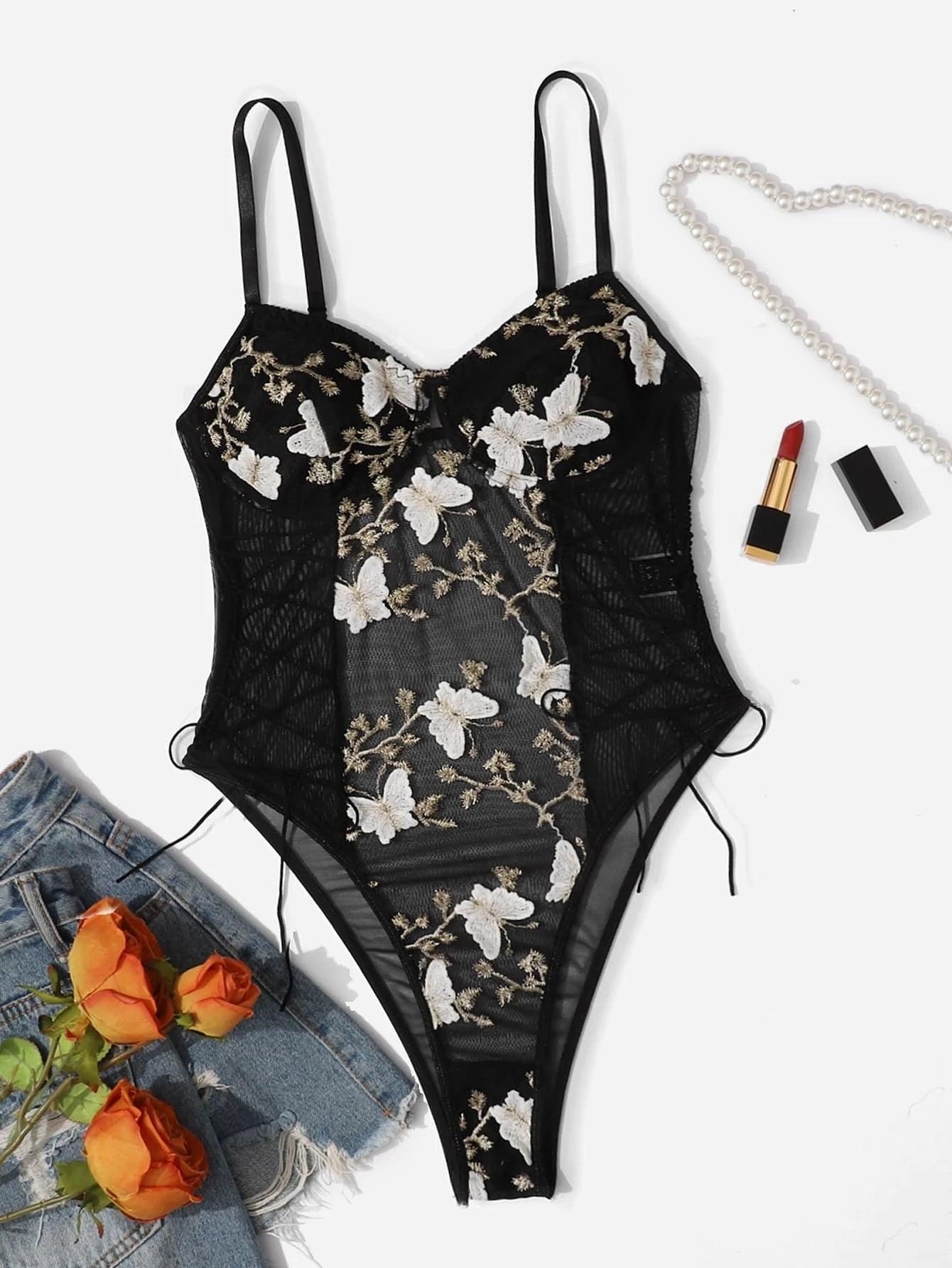 Lace Up Detail Embroidery Mesh Slip Bodysuit-Comfy Jumpsuits