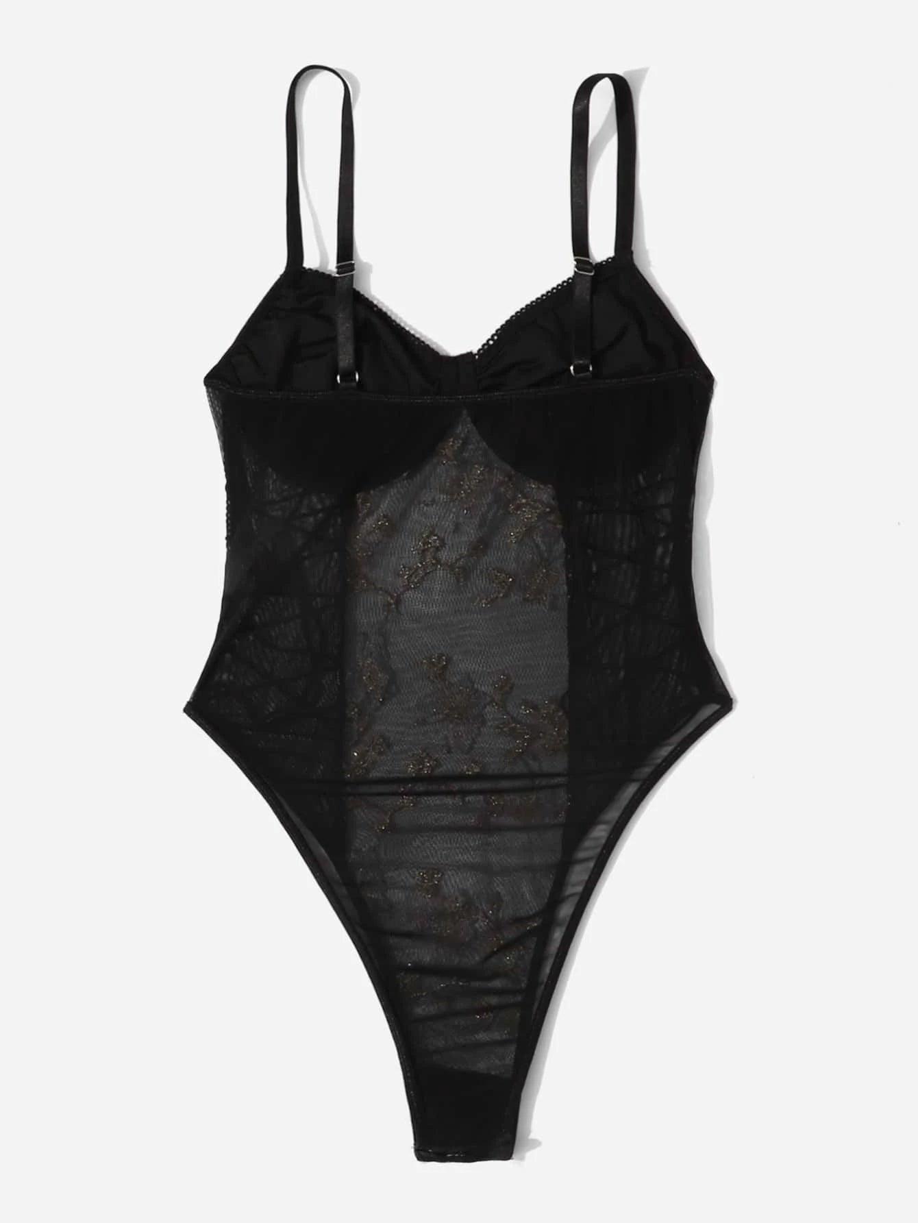 Lace Up Detail Embroidery Mesh Slip Bodysuit-Comfy Jumpsuits