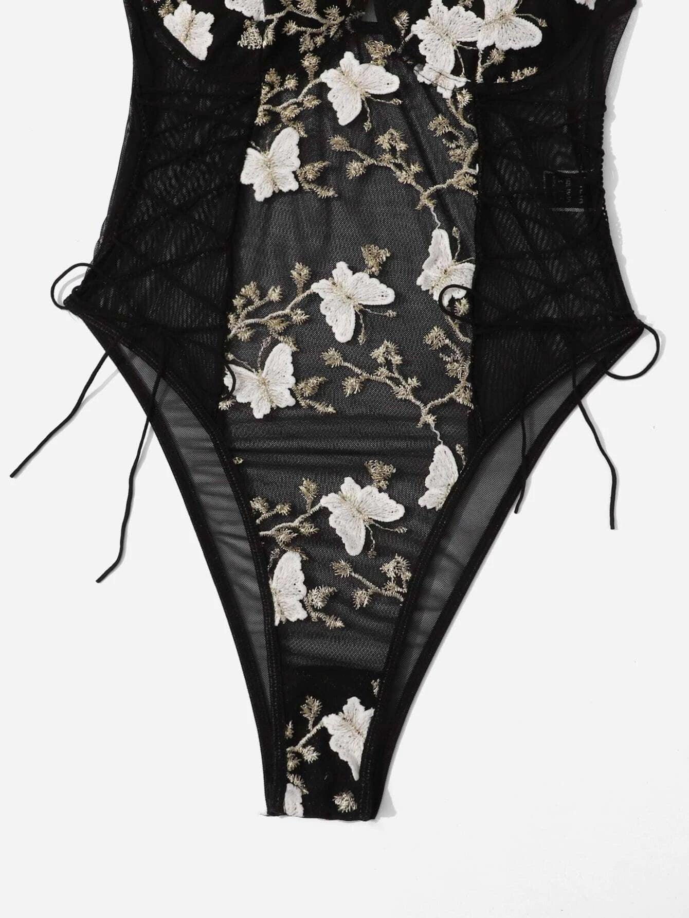 Lace Up Detail Embroidery Mesh Slip Bodysuit-Comfy Jumpsuits