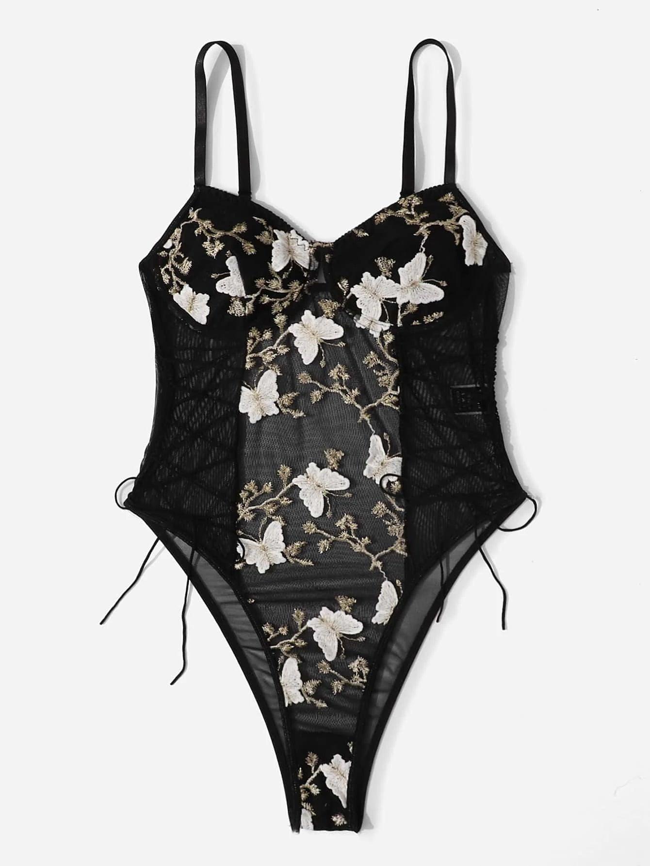 Lace Up Detail Embroidery Mesh Slip Bodysuit-Comfy Jumpsuits