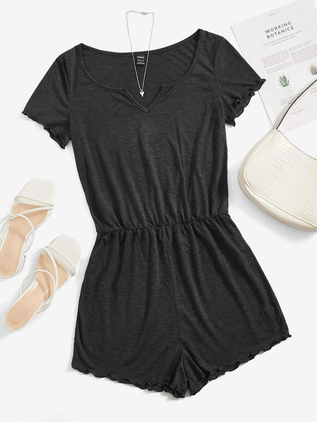 Notched Neck Lettuce Trim Romper-Comfy Jumpsuits