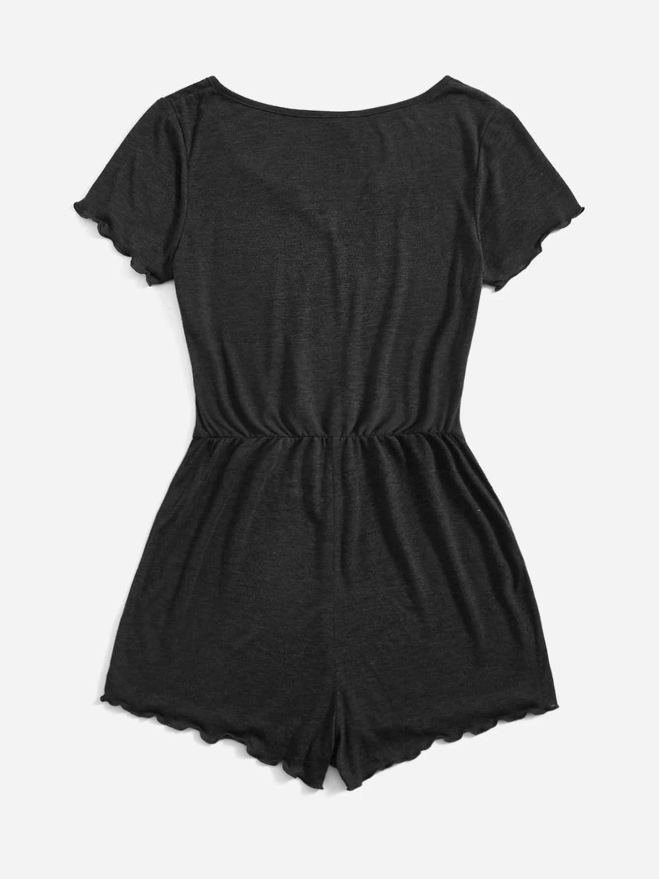 Notched Neck Lettuce Trim Romper-Comfy Jumpsuits