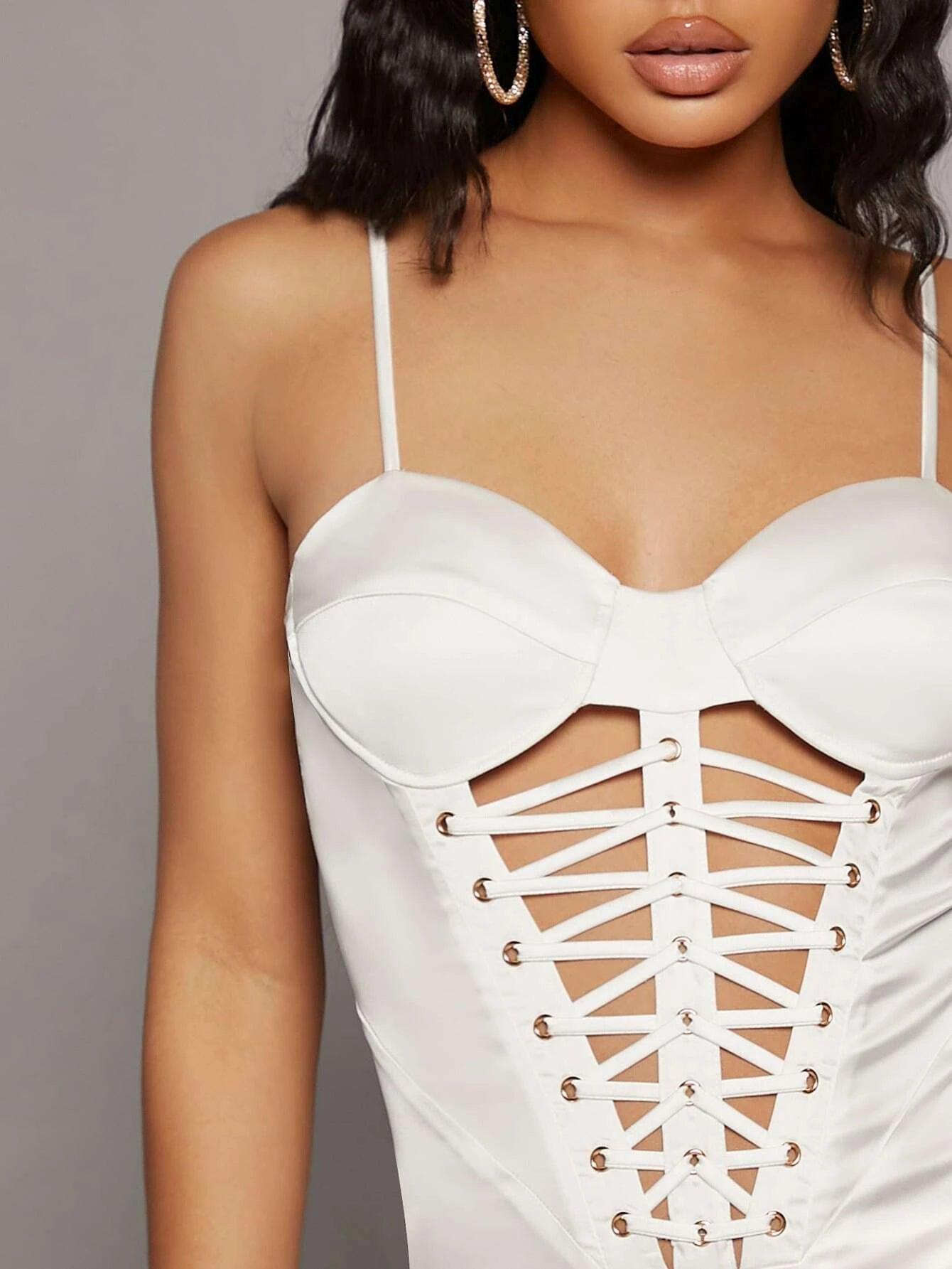 Garment Crisscross Cutout Front Bustier Cami Bodysuit-Comfy Jumpsuits
