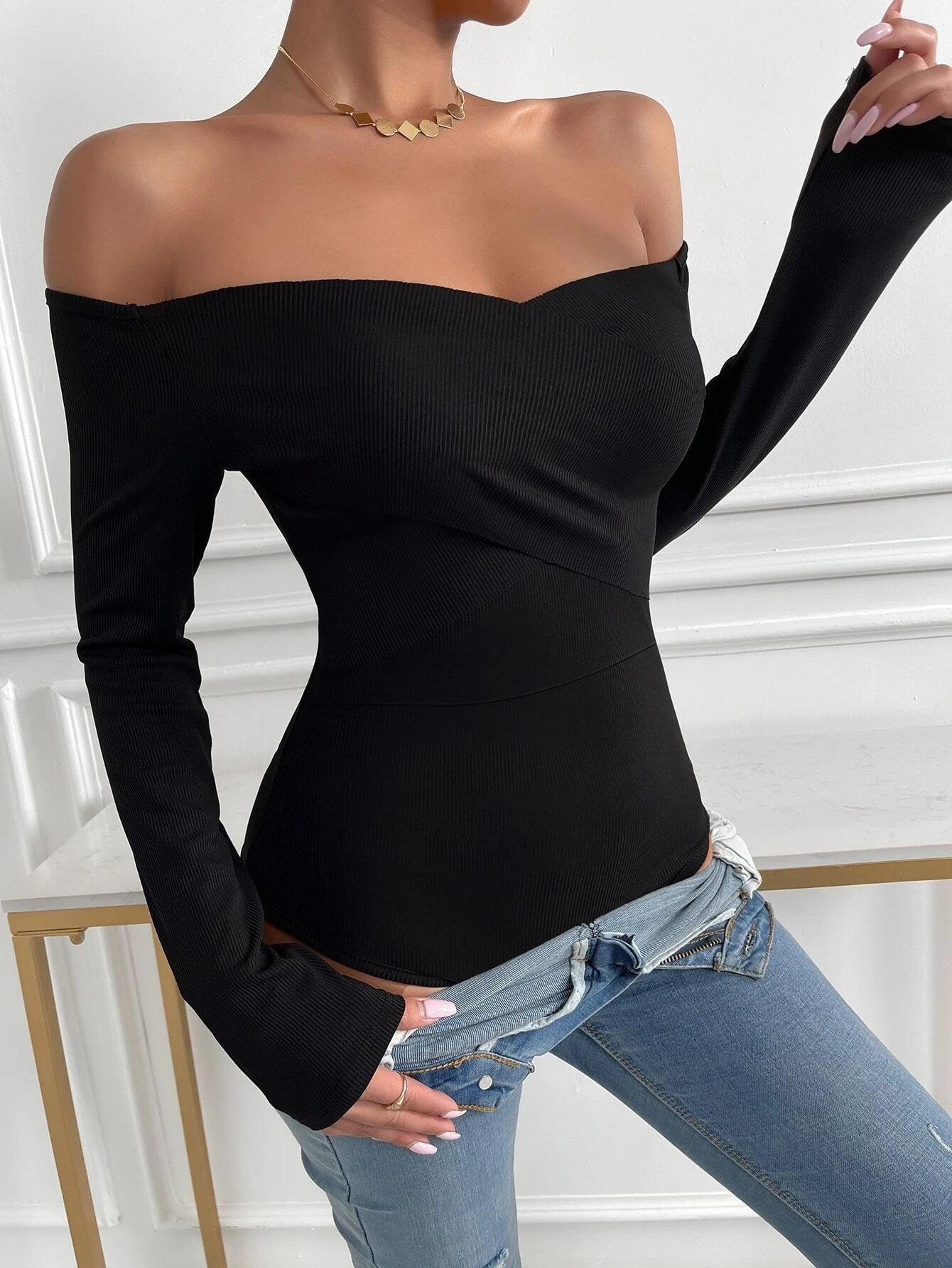 Off Shoulder Rib-Knit Bodysuit-Comfy Jumpsuits
