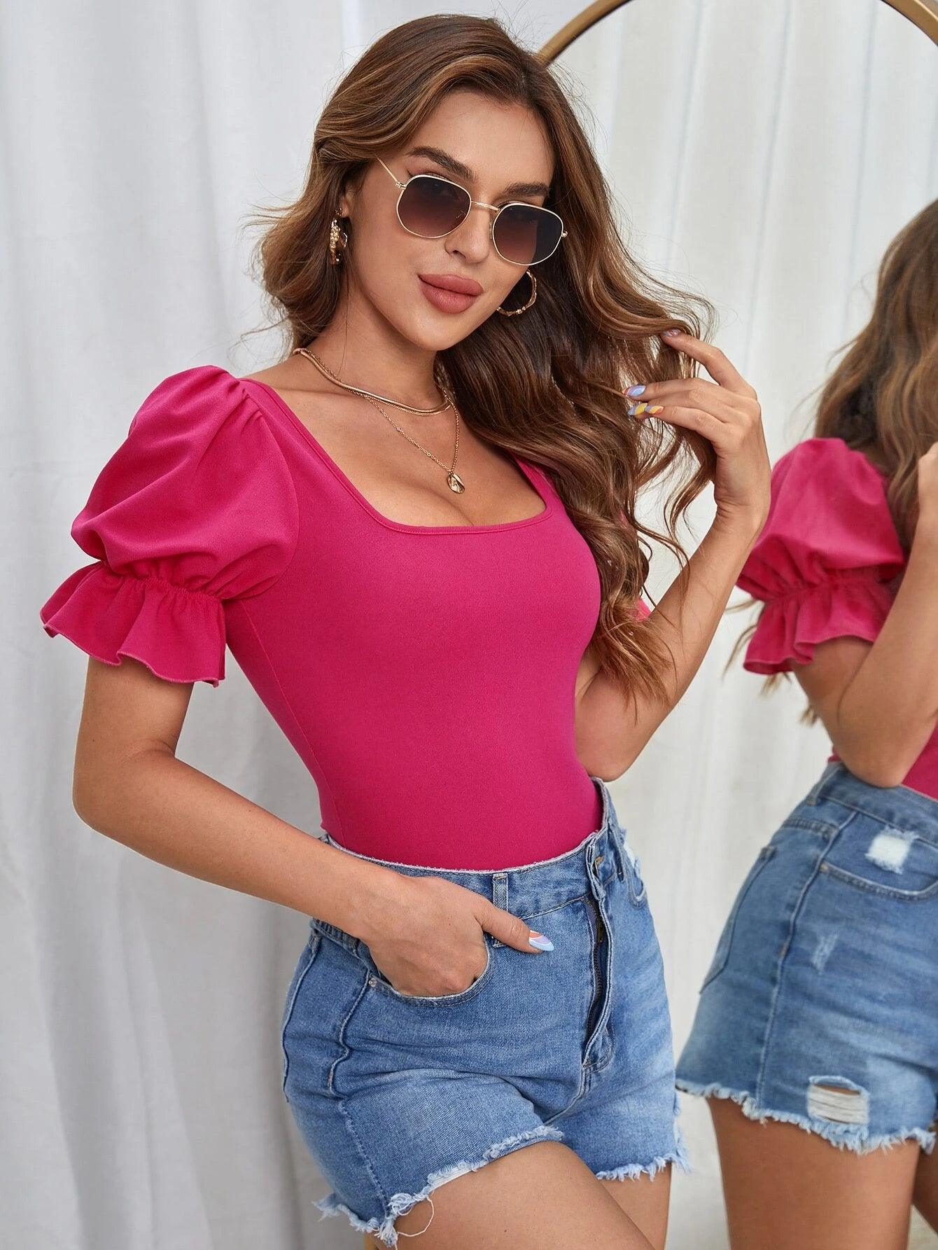 Square Neck Puff Sleeve Tee Bodysuit-Comfy Jumpsuits