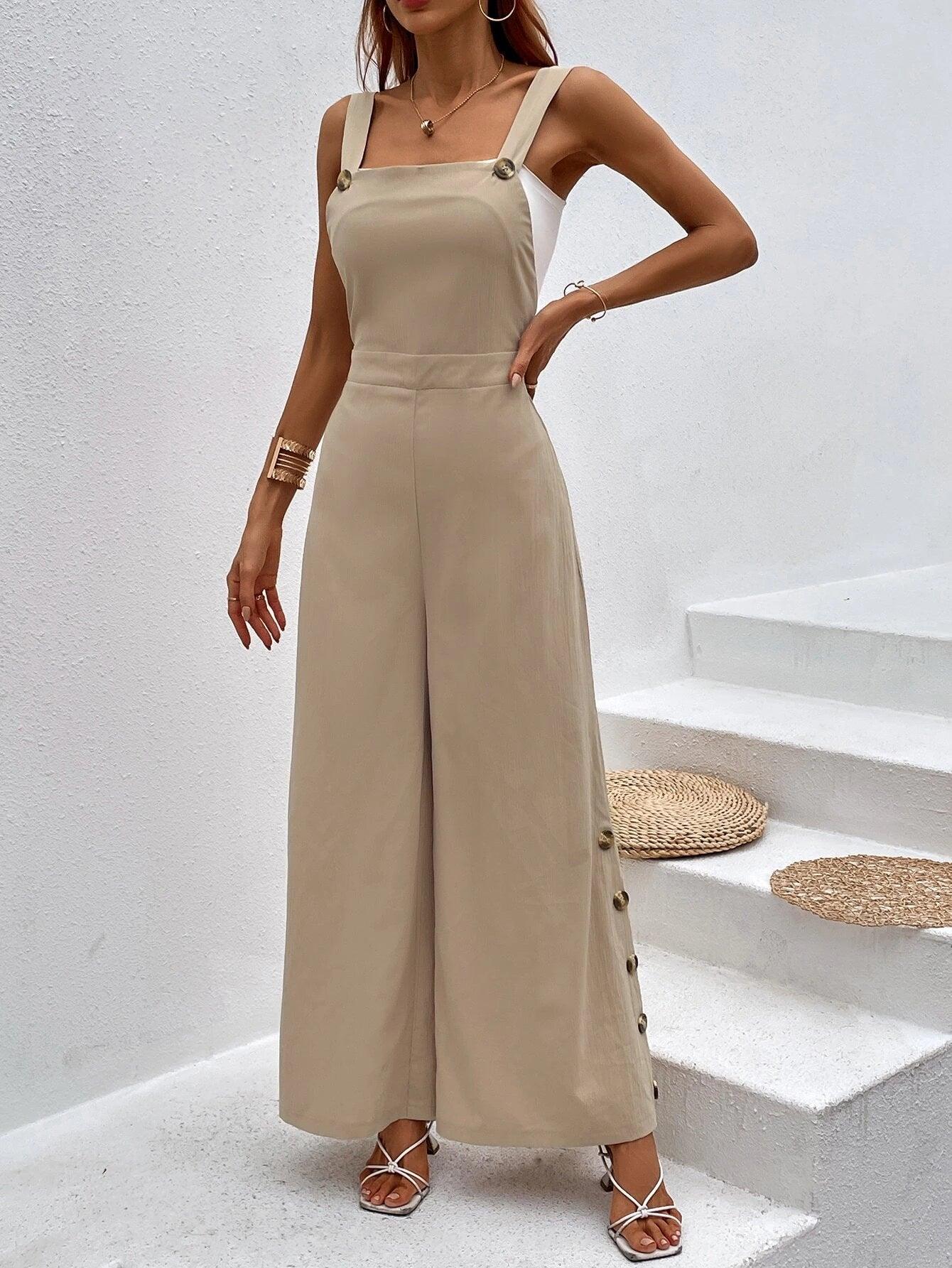 Sleeveless Button Detail Jumpsuit Without Top-Comfy Jumpsuits