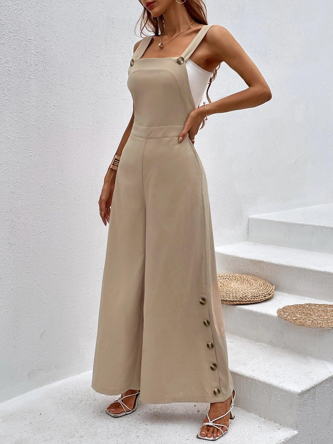Sleeveless Button Detail Jumpsuit Without Top-Comfy Jumpsuits