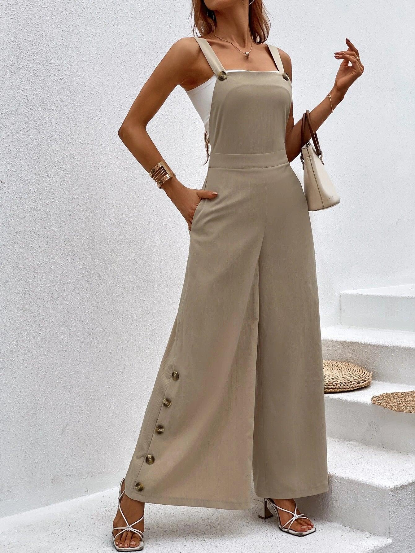 Sleeveless Button Detail Jumpsuit Without Top-Comfy Jumpsuits
