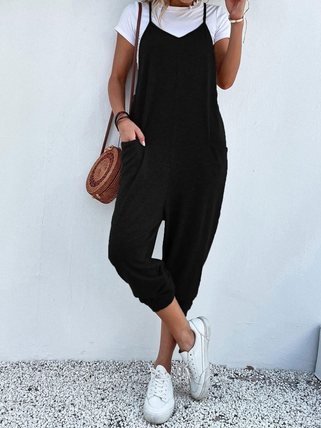 Dual Pocket Keyhole Back Cami Jumpsuit Without Tee-Comfy Jumpsuits