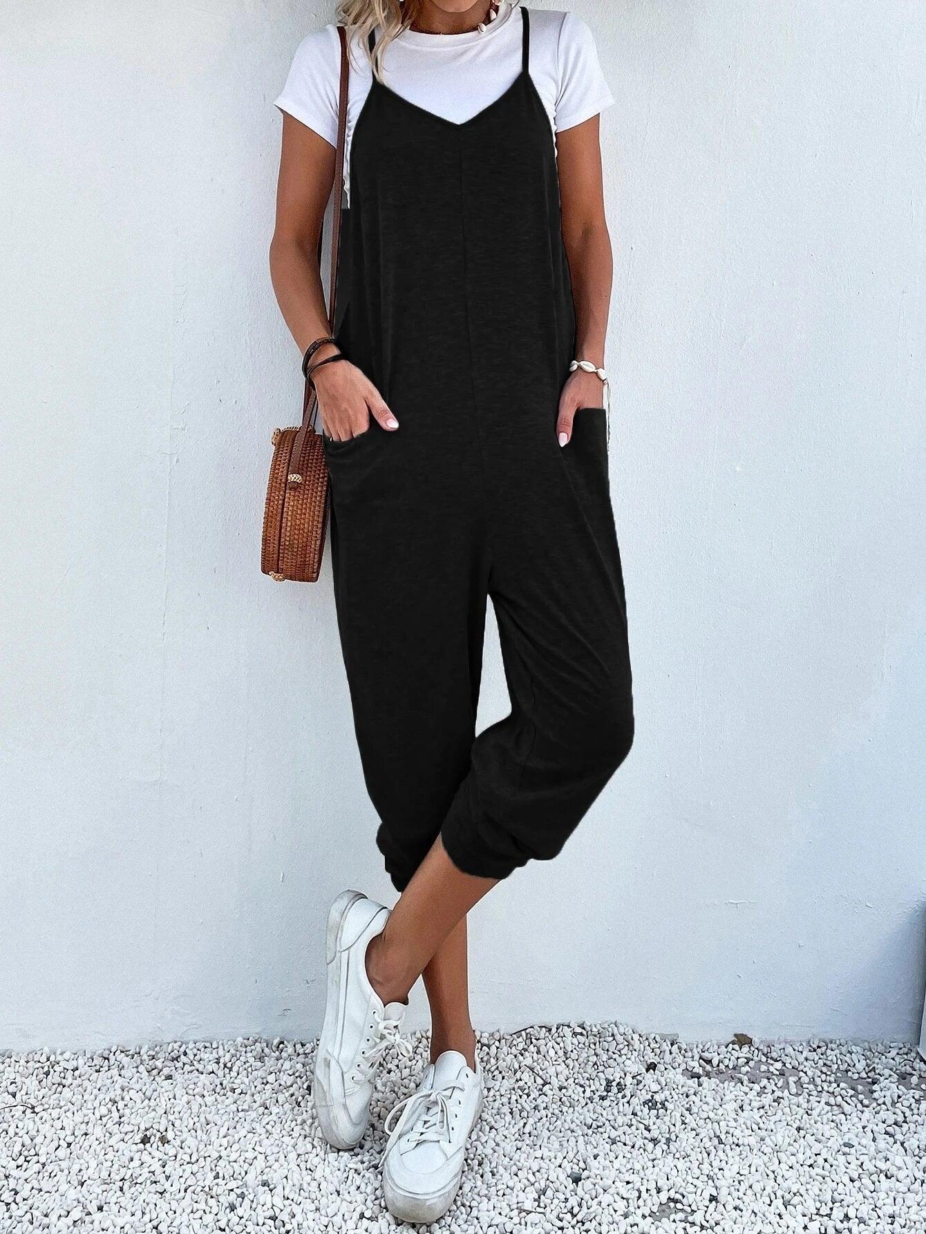 Dual Pocket Keyhole Back Cami Jumpsuit Without Tee-Comfy Jumpsuits