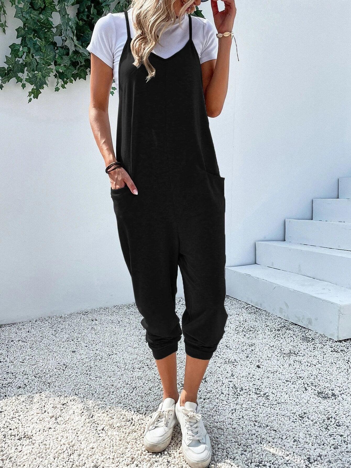Dual Pocket Keyhole Back Cami Jumpsuit Without Tee-Comfy Jumpsuits