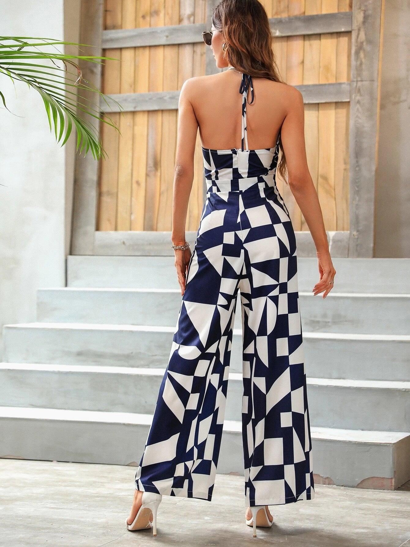 Geo Print Wide Leg Halter Jumpsuit-Comfy Jumpsuits