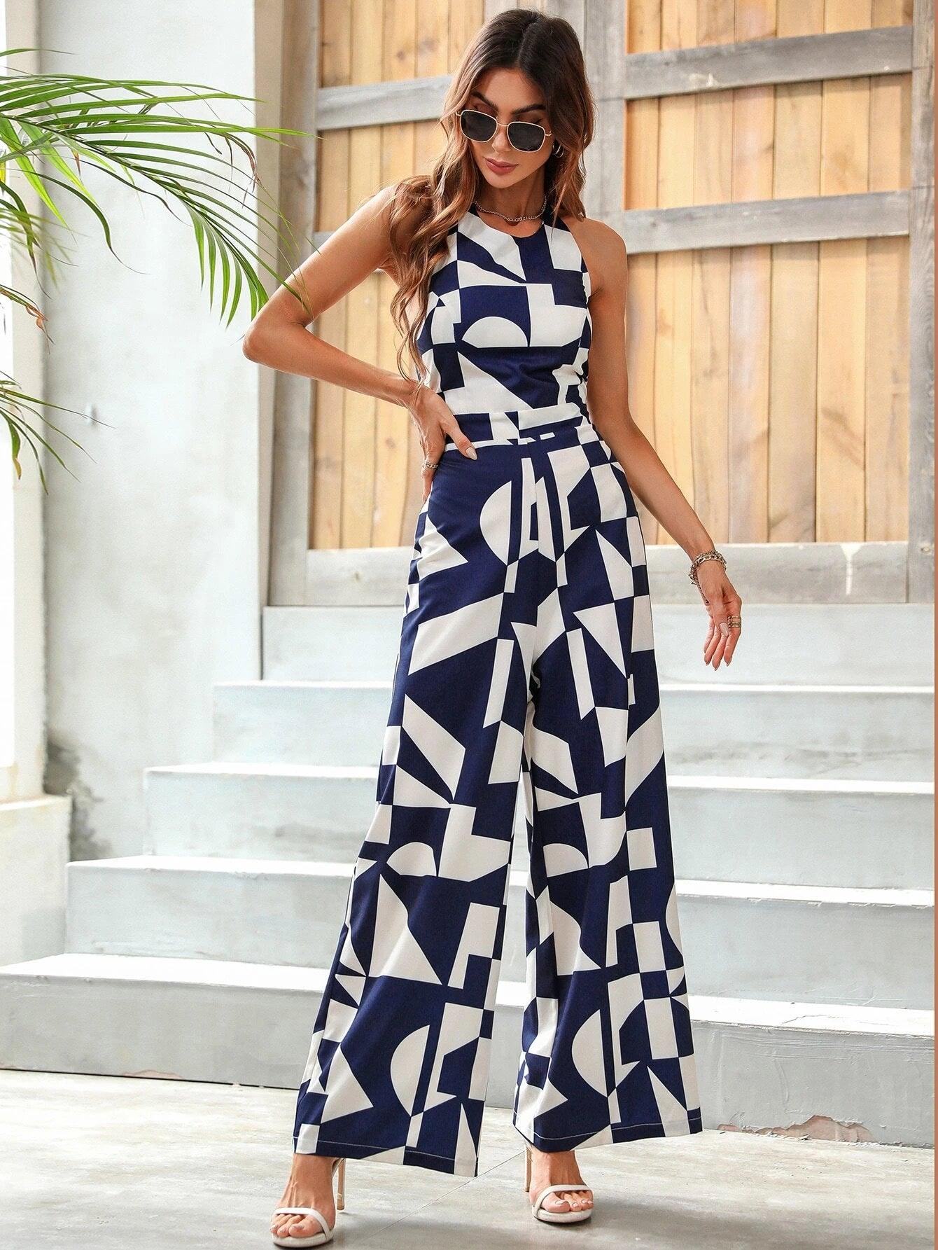 Geo Print Wide Leg Halter Jumpsuit-Comfy Jumpsuits