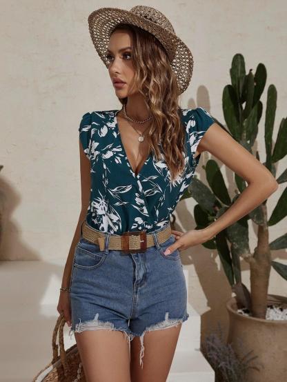 Floral Print Cap Sleeve Bodysuit-Comfy Jumpsuits