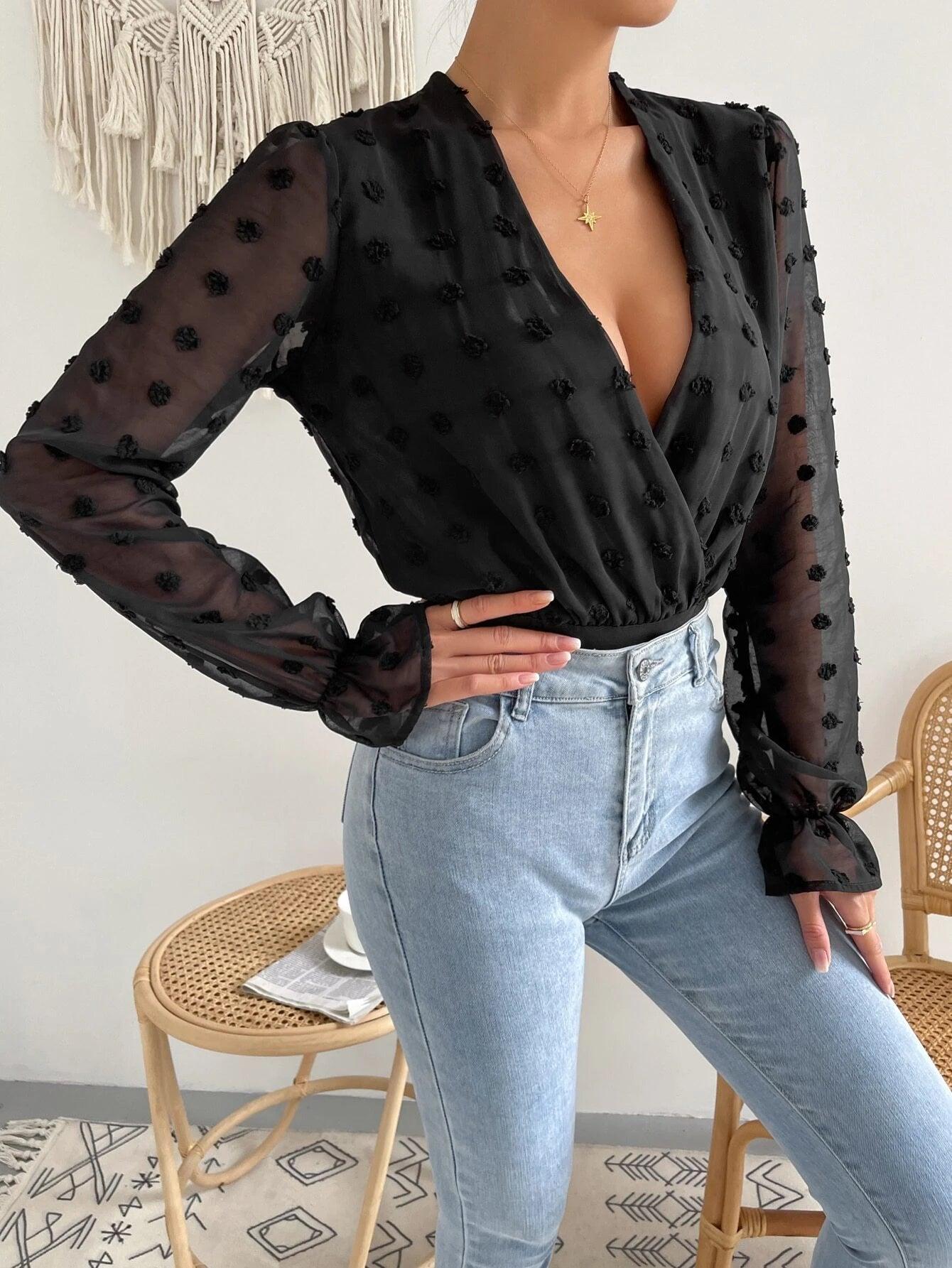 Sleeve Overlap Collar Bodysuit-Comfy Jumpsuits