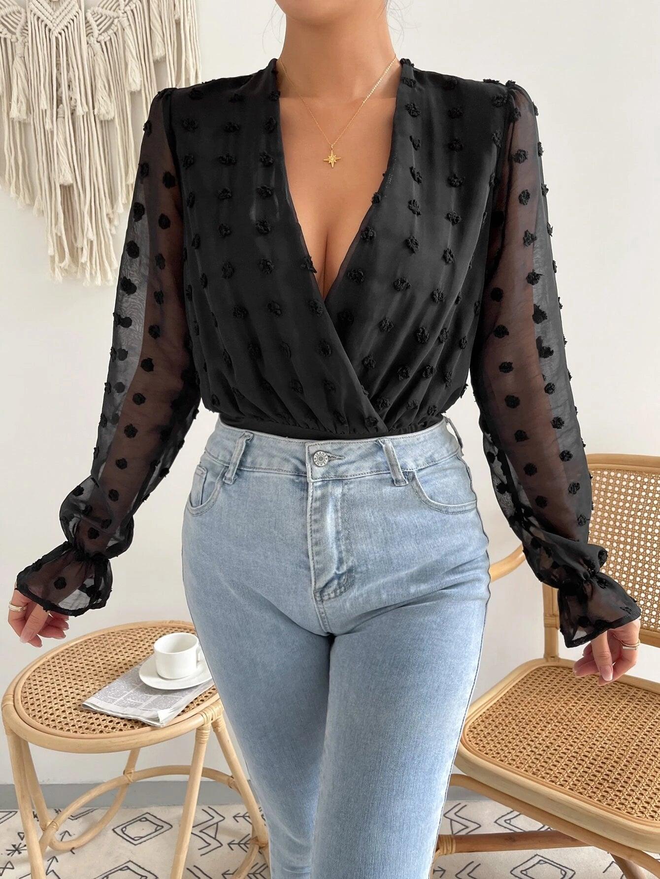 Sleeve Overlap Collar Bodysuit-Comfy Jumpsuits