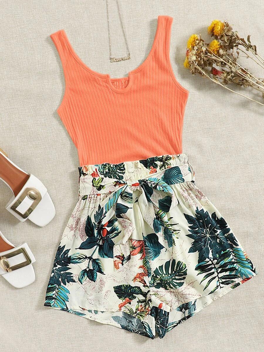 Tropical Print Paperbag Waist Belted Combo Tank Romper-Comfy Jumpsuits