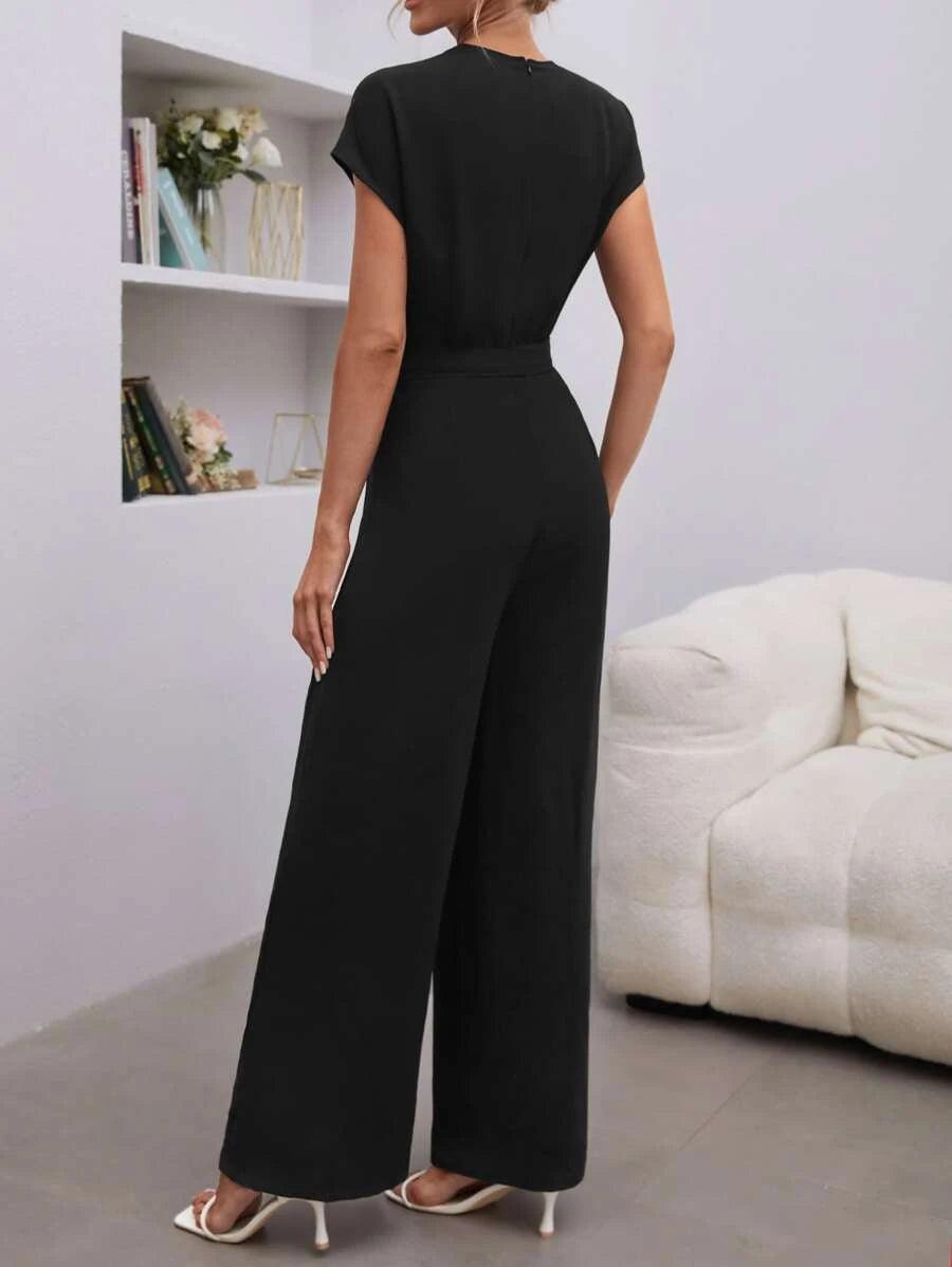 Shawl Collar Batwing Sleeve Belted Jumpsuit-Comfy Jumpsuits