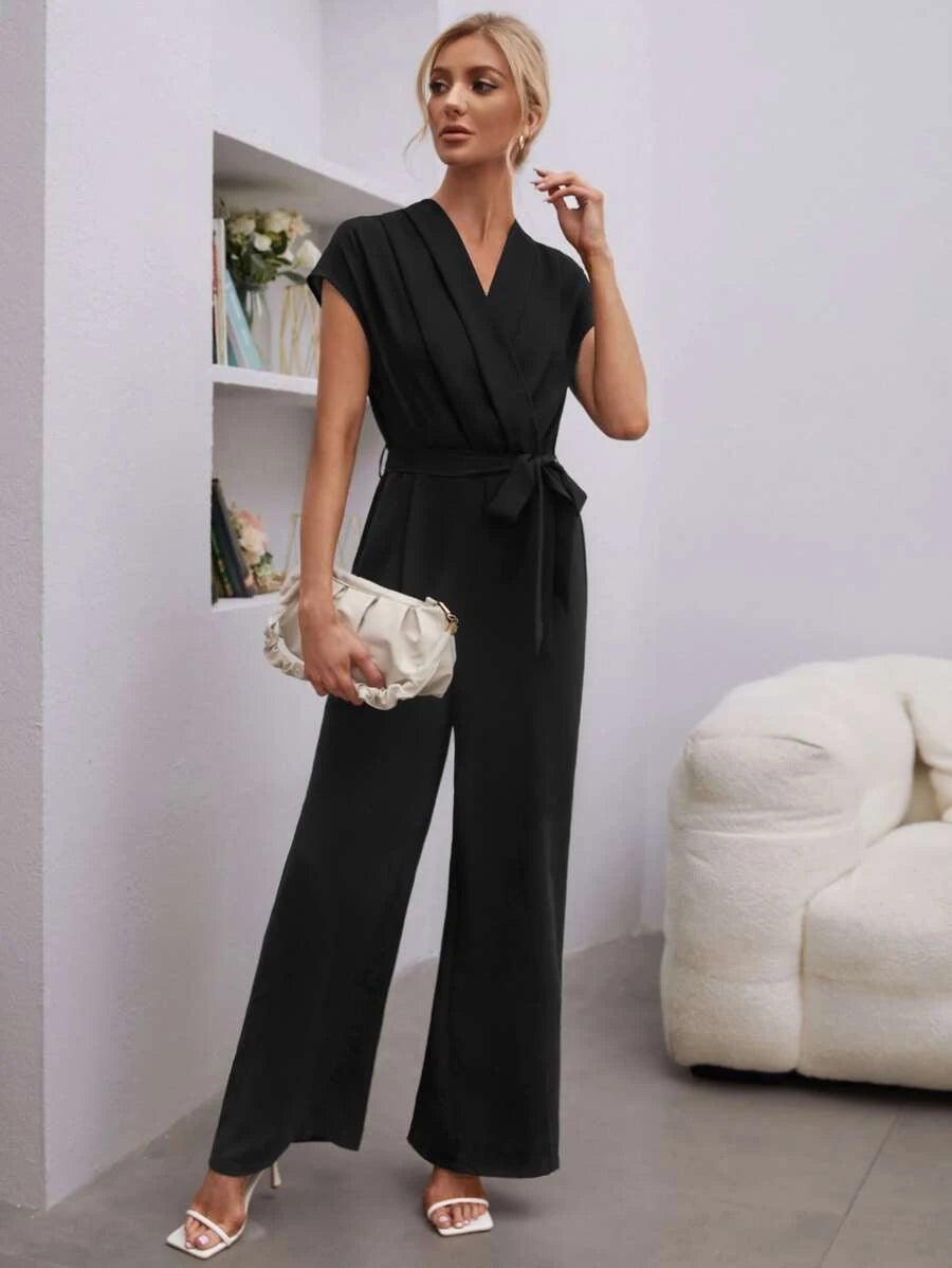 Shawl Collar Batwing Sleeve Belted Jumpsuit-Comfy Jumpsuits