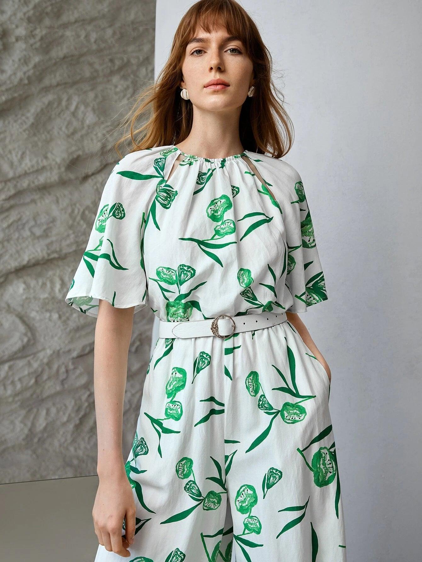 Linen Printed Cut-Out Jumpsuit-Comfy Jumpsuits