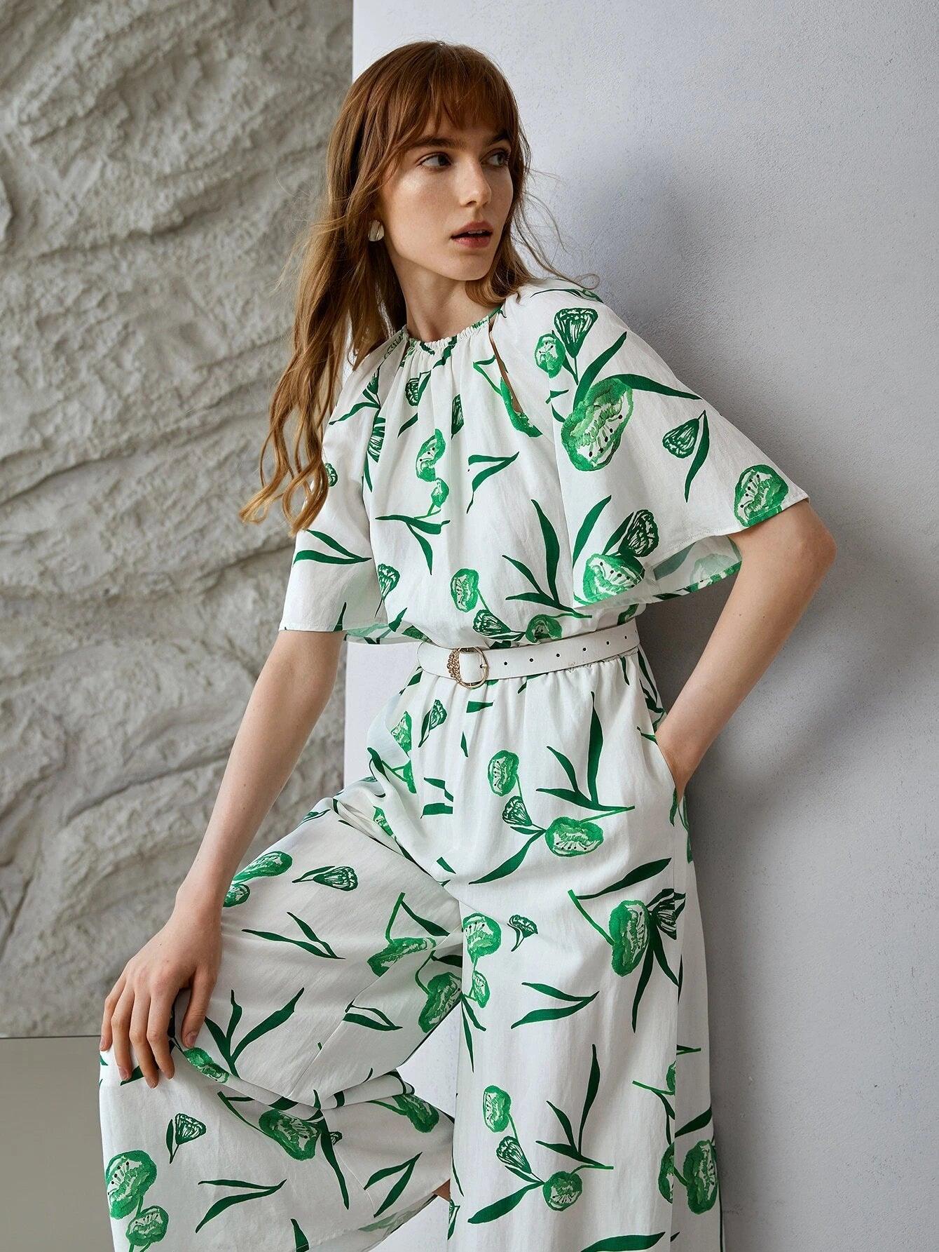 Linen Printed Cut-Out Jumpsuit-Comfy Jumpsuits