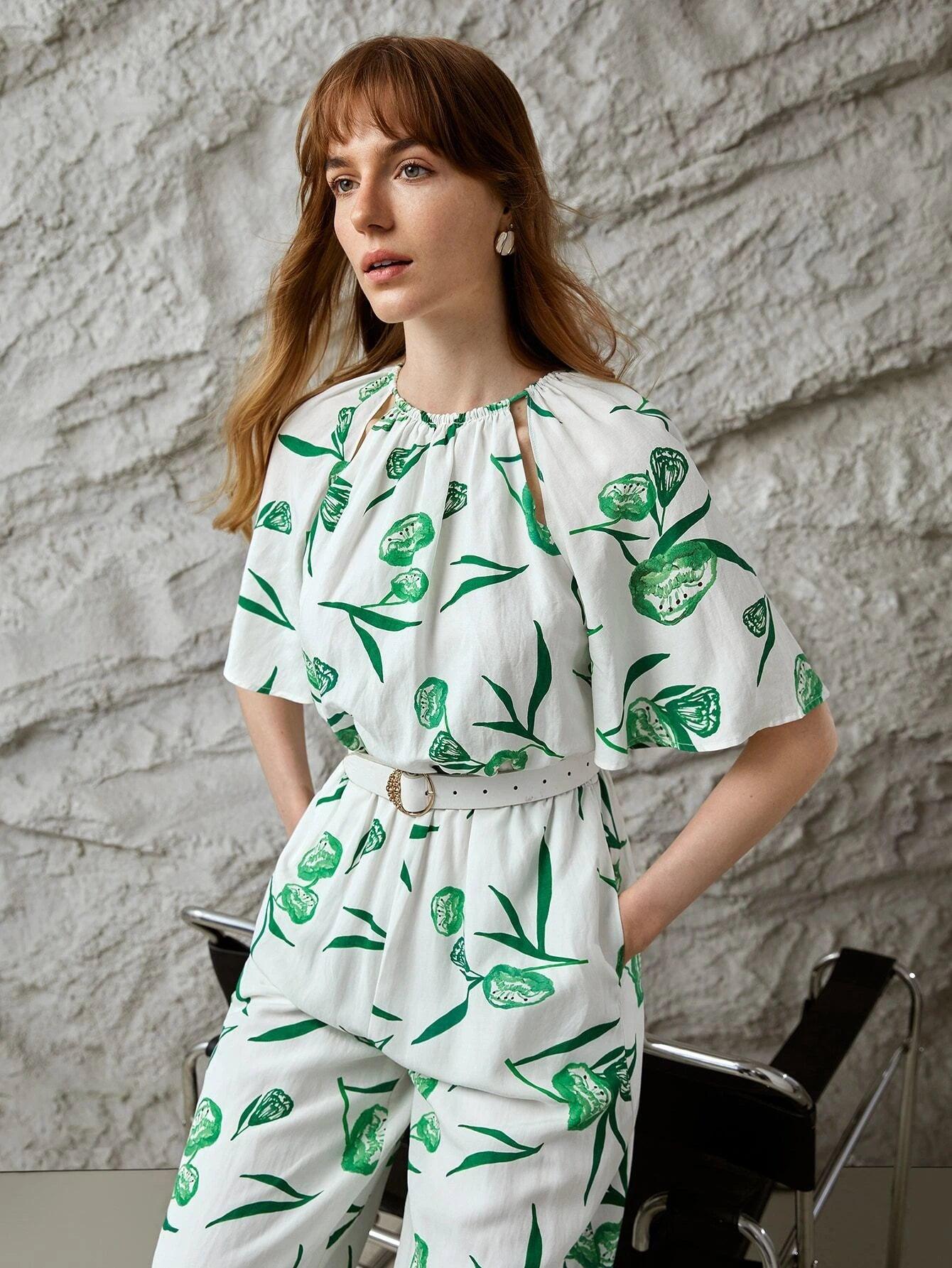 Linen Printed Cut-Out Jumpsuit-Comfy Jumpsuits