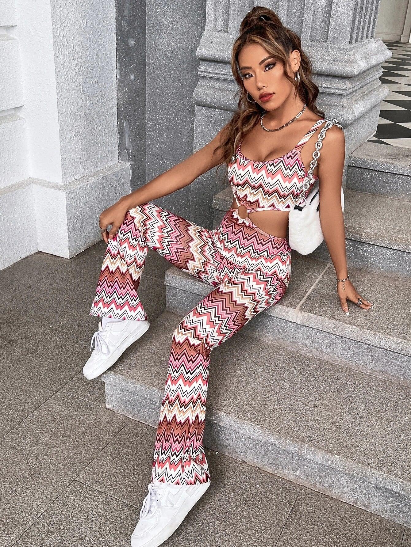 Chevron Print Ring Linked Cut Out Cami Jumpsuit-Comfy Jumpsuits