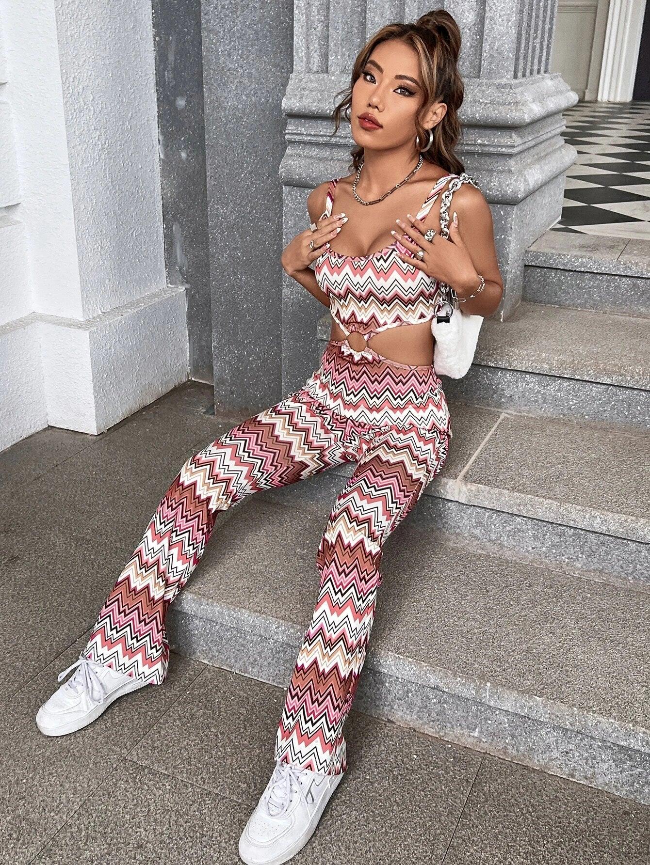 Chevron Print Ring Linked Cut Out Cami Jumpsuit-Comfy Jumpsuits