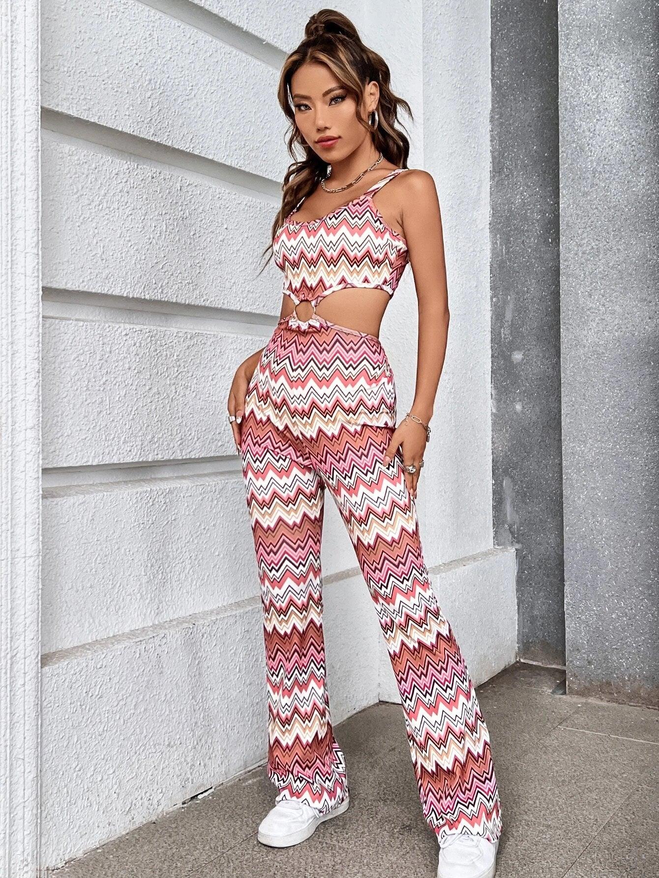 Chevron Print Ring Linked Cut Out Cami Jumpsuit-Comfy Jumpsuits