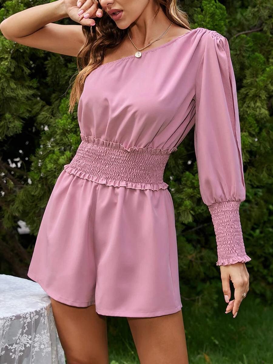 One Shoulder Frill Romper-Comfy Jumpsuits